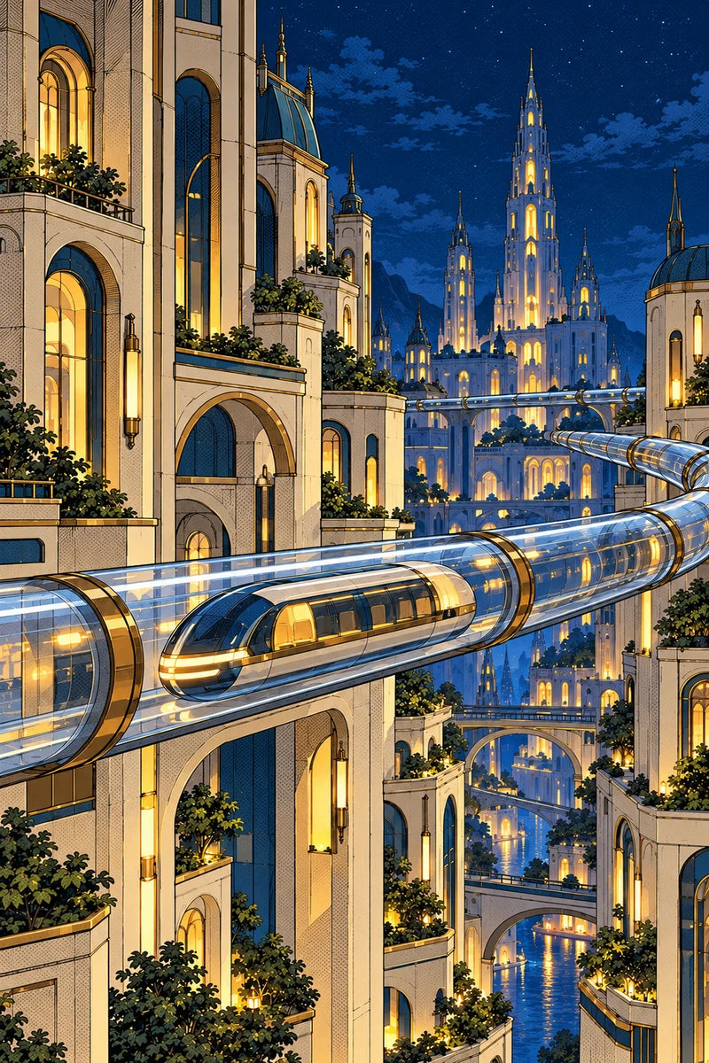 An illustrated golden-lit EKUR city, with elevated glass transit tubes between towers