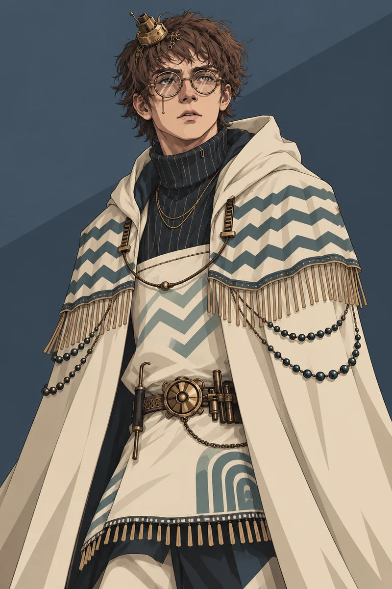 Noah, with curly hair, round brass glasses and a cream-and-teal poncho