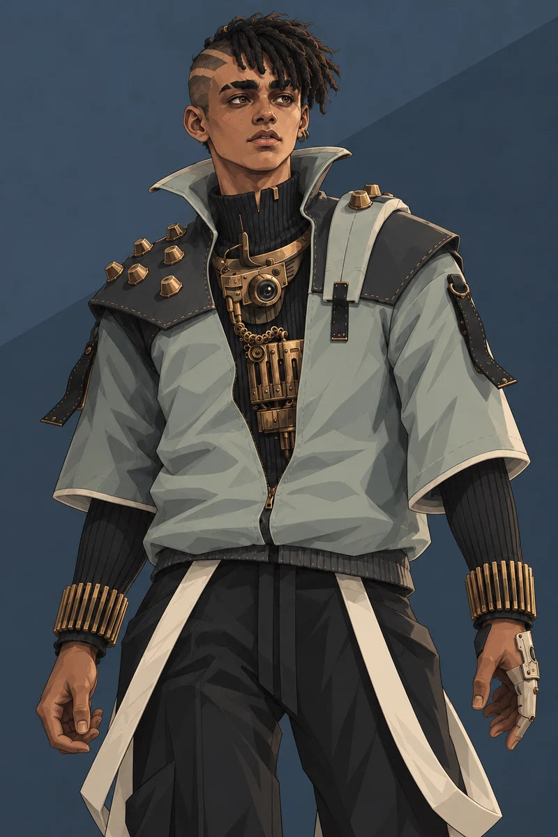 Sol, with swept twists, a sage utility jacket and a brass chest device