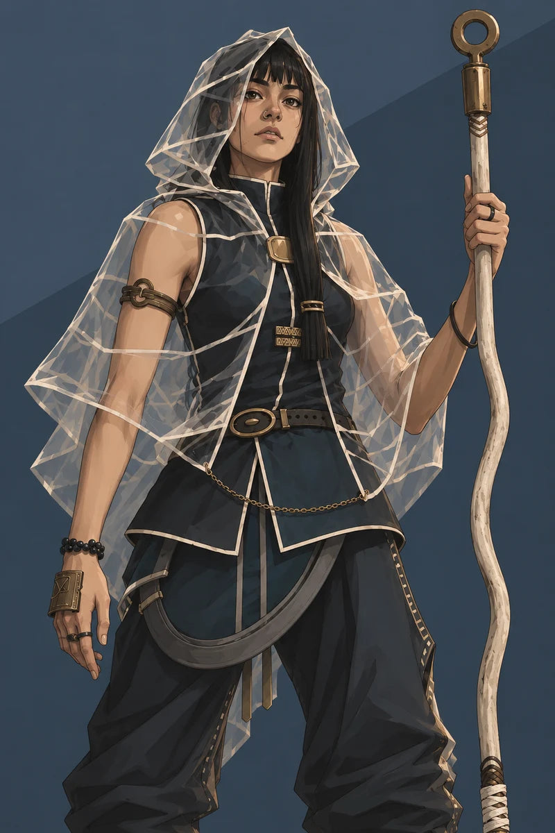 Thalia, with dark hair, a translucent hooded cape and a pale staff